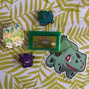 Pokemon Bundle with Leaf Green Game, Leafeon Enamel Pin, Sticker + Shoe Charms